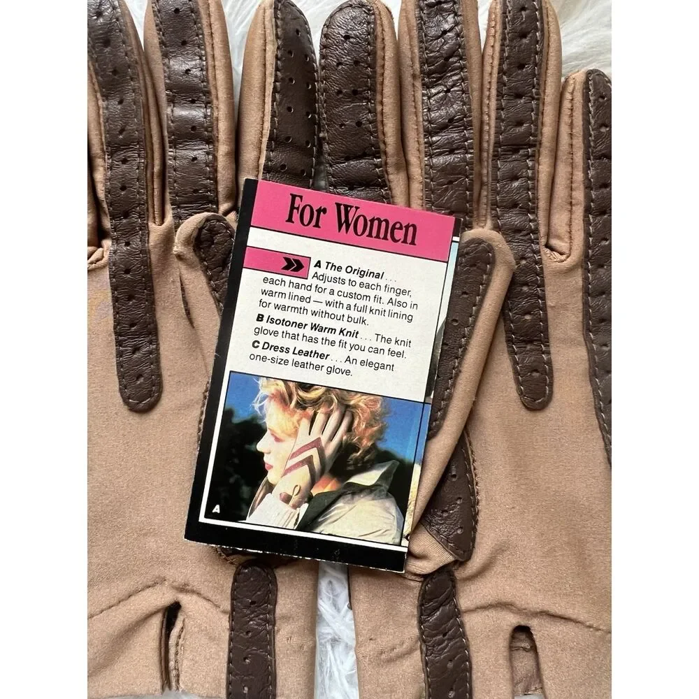 Driving Gloves Isotoner Women's XL Brown Leather Knit Classic